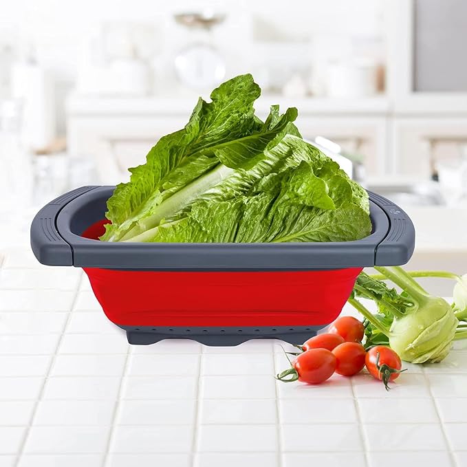 Collapsible Colander Strainer with Extendable Handles - Over the Sink Vegetable/Fruit Colanders Strainers for Kitchen, Capacity of 6 quart (Red)