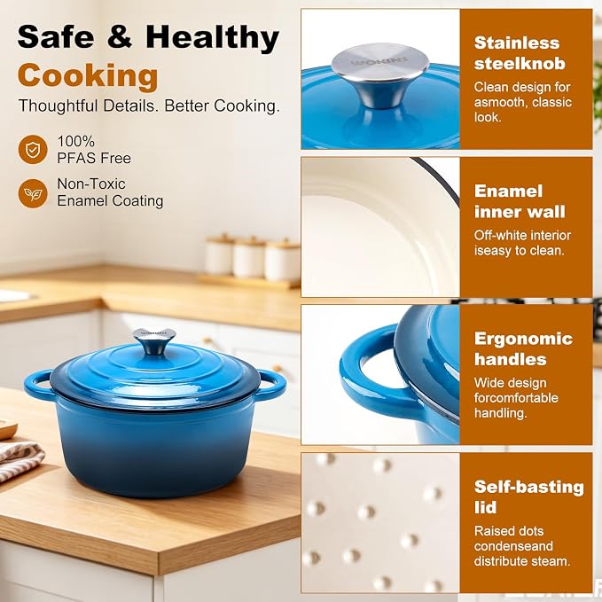 7-QT Enameled Cast Iron Round Dutch Oven With Lid,Oven safe,Blue | Large enameled cast iron Dutch oven,Retains moisture,PFAS-free,500°F,sourdough,braising/stews/roasting,Housewarming Gift