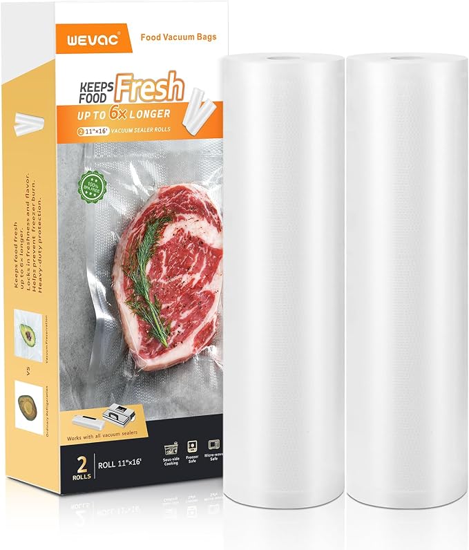 Wevac Vacuum Sealer Bags 11x16 2 rolls, for Food Saver, Suction Channel | Sous Vide, Freezer safe, BPA Free, Commercial Grade, Heavy Duty Vacuum Seal Bag Fit All Vacuum Machine, Meal Prep, Meat, Fish