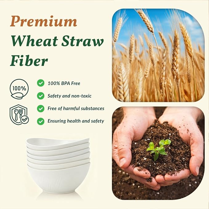 Wheat Straw Bowls, Large Salad Bowls Set of 6, 60 OZ Large Capacity Serving Bowl for Kitchen, Picnic, Camping,Lightweight Unbreakable Microwave and Dishwasher Safe Big Bowl - White