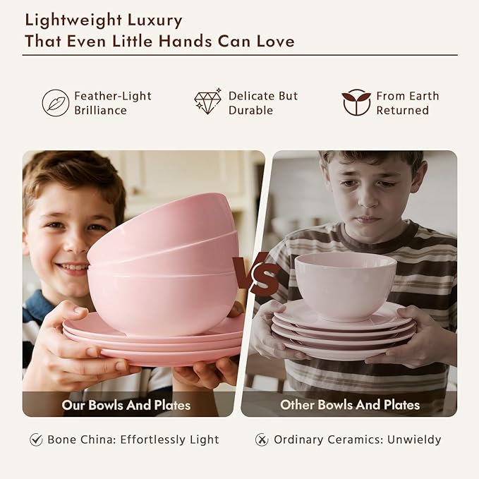 24-Piece Bone China Dinnerware Set for 8, Sakura Pink | Lightweight Porcelain | Round Plates & Bowls | Scratch Resistant | Durable Ceramic | Microwave & Dishwasher Safe