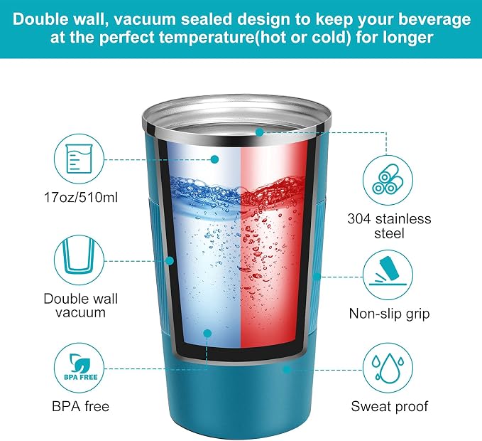 YINJAM 17oz Travel Coffee Mug Insulated Coffee Cups to Go with Leakproof Lid Vacuum Stainless Steel Double Walled Thermal Car Coffee Tumbler for Hot Cold Ice Tea Drinks Reusable (Blue, 17oz)