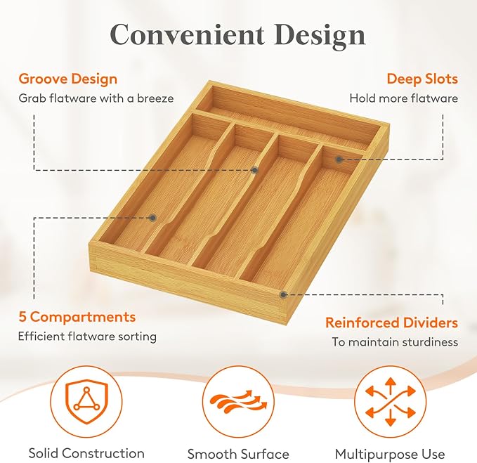 Lifewit Bamboo Silverware Tray for Drawer, 6.7 x 12 | Utensil Organizer for Kitchen, Flatware and Cutlery Holder, Storage for Spoons Forks Knives, Natural