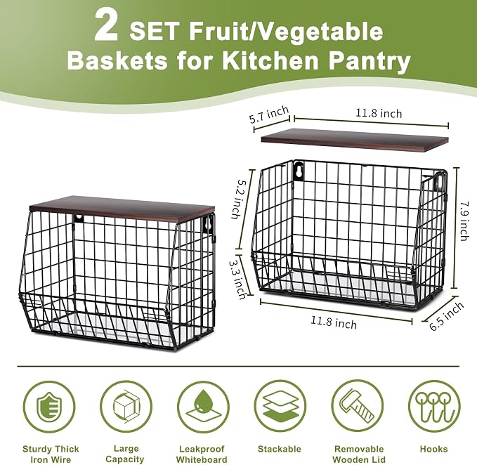 Wawocs Fruit Basket for Kitchen Counter 2 Tier Fruit Bowl, Stackable Wall Mounted Hanging Fruit Basket Wire Baskets with Wood Lid with 4 Banana Hanger Hooks, Onion Basket, Fruit and Vegetable Storage