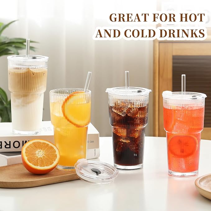 Drinking Glasses with Lids and Glass Straw 4pcs Set,20oz Glass Tumbler Cups,Water Glasses,Iced Coffee Glasses,iced Tea Glasses,Beer Glasses,Ideal for Whiskey,2 Brushes