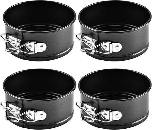 4 Inch Mini Springform Pans, Set of 4, Removable Bottom | Nonstick carbon steel mini pans for cheesecake, quiche and small cakes; oven safe to 450F, hand wash recommended