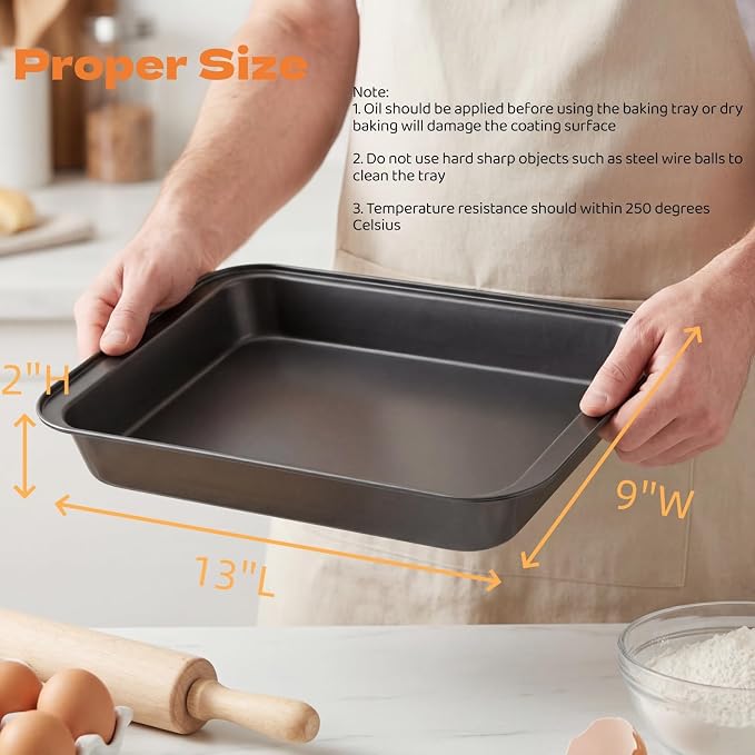 Lyellfe 3 Pack Rectangle Baking Pan, 13 x 9 Inch | Non-Stick Cake Pans for Oven, Deep Cookie Sheet Tray for Brownie Lasagna Casserole Bread, BPA Free