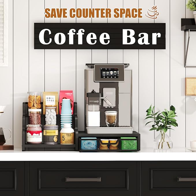 Coffee Station Organizer, 28-Pod K-Cup Holder, Coffee Bar Organizer Black | Coffee Pod Holder Drawer for Countertop,3-Tier Coffee Pod Organizer Stores Pods, Syrups, Cups & Coffee Accessories
