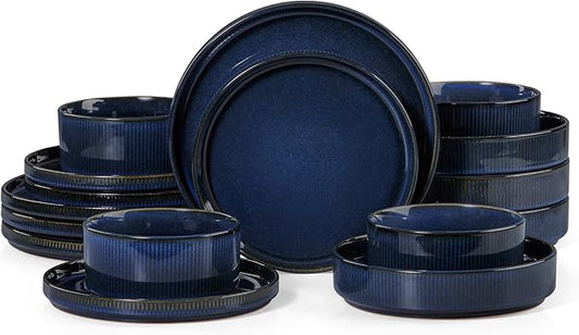 LIANYU Dinnerware Sets with Pasta Bowls for 4, 16 Piece Dishes Plates and Bowls Set, Microwave & Dishwasher Safe Ceramic Stoneware, Scratch Resistance Dinner Salad Plates, Twilight Blue
