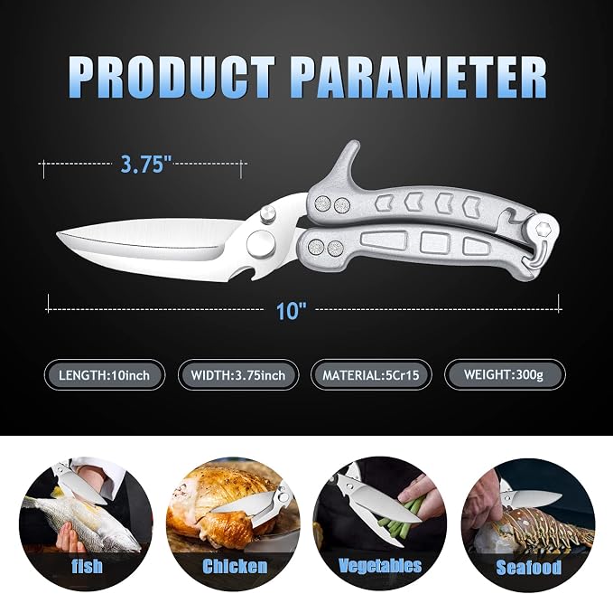 DRAGON RIOT Poultry Shears, Heavy Duty Kitchen Scissors, Silver | Stainless Steel, Dishwasher Safe, For Cutting Chicken, Poultry, Meat and Turkey