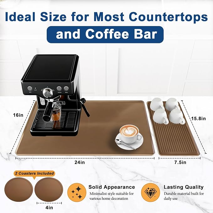 Mrcrypos Silicone Coffee Station Mat with Rasied Edges 16x24 Inch, Brown | Anti-Slip, Heat-Resistant, Spill-Proof, Bar Mat for Most Countertop & Espresso Machines, under Coffee Maker/Dish Rack