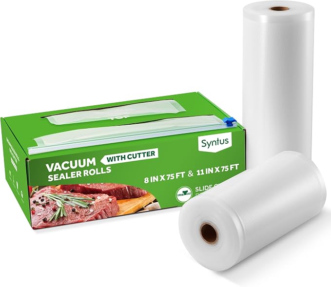 Syntus 11" x 75' and 8" x 75' Vacuum Sealer Bags Rolls Keeper with Cutter | BPA Free, Commercial Grade, Heavy-Duty, Microwave Sous Vide Cooking, Meal Prep, Custom Length, Precise Cuts, for Food Storage