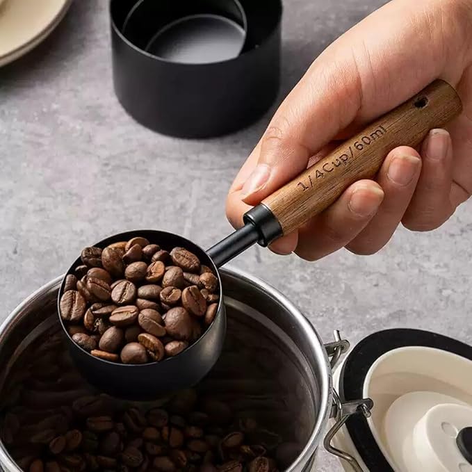 8pc Steel Measuring Set Nonstick Cups Spoons Wood Handle Markings | Food-grade anti-rust stainless steel nonstick easy-clean engraved dual markings hanging wooden handle for baking cooking