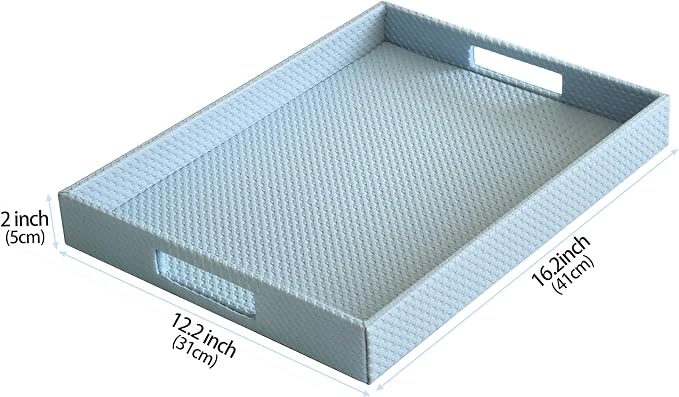 HofferRuffer Rectangle Serving Tray with Hole Handles for Coffee Table, Breakfast, Tea, Food, Butler - Countertop, Kitchen, Vanity Serve Tray, 16.2 x 12.2 x 2 inches, Faux Leather (LightBlue)