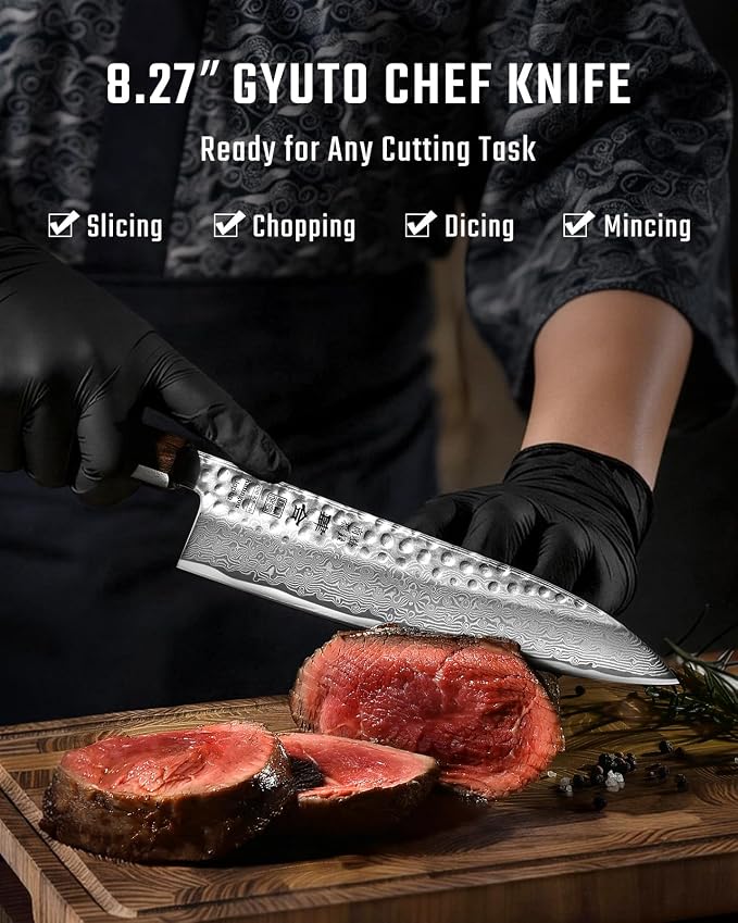 VG10 Damascus Chef Knife, 8.27 Inch Gyuto Knife with Rose Wood Handle and 67 Layers Damascus Steel, Japanese Kitchen Knife with Premium Gift Box