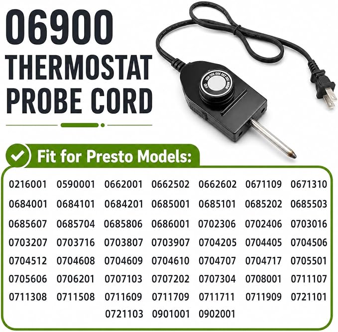 06900 Temperature Control Thermostat Cord for Presto Electric Griddles | Fits skillets, grills and frypans with 1-3/8" probe spacing; adjustable heat control reaches up to 400°F