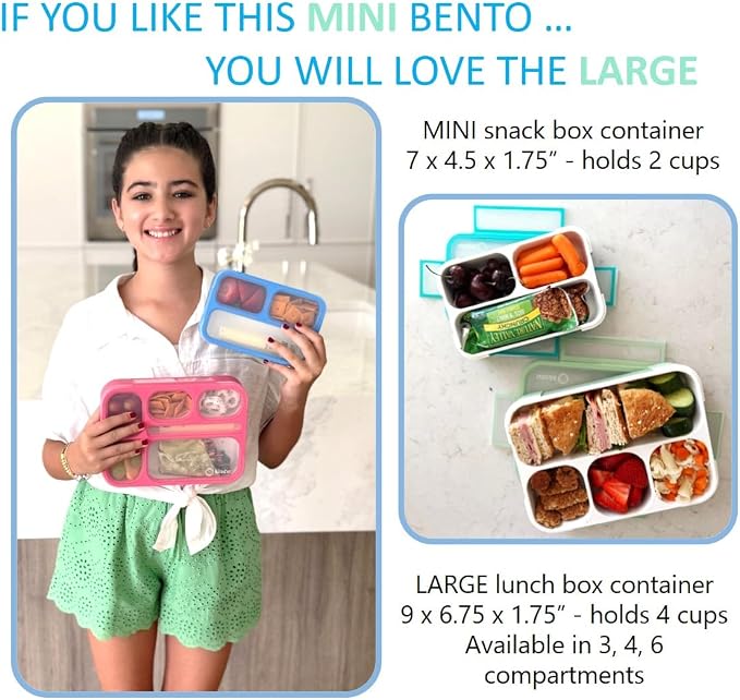 kinsho Small Snack Containers for Kids, Set of 2 (Pastel Blue+Teal Sparkle) | 3 Compartments, Leak-Proof, Spill Proof, BPA-Free Reusable Small Mini Bento Lunch Box for Daycare School Travel, Holds 2 Cups