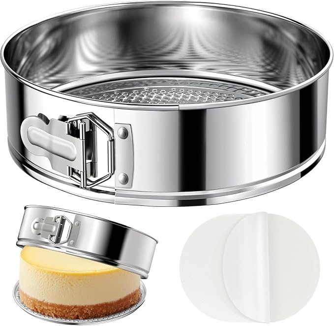 ZeroPone 7 Inch 304 Stainless Steel Springform Pan with Removable Bottom | Nonstick Round Spring Form Cheesecake Pan with 30 Pcs Parchment Paper Liners