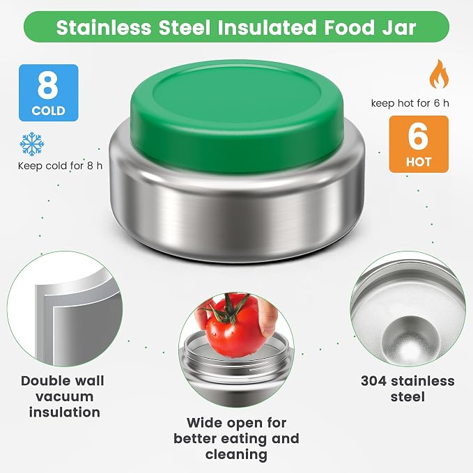 Stainless Steel Bento Box Kids Adult with 7oz Soup Thermo, Transparent Lid 3 Compartments Metal Bento Lunch Box with Insulated Food Jar,Lunch Box Container Sauce Cup for School,BPA-Free (Green)