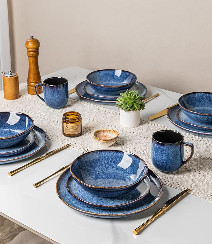GBHOME Stoneware Dinnerware Sets for 8,24 Piece Rustic Plates and Bowls Set | Earthenware Handmade Reactive Glaze Plate Sets, Chip Resistant Ceramic Dishes, Microwave & Dishwasher Safe, Sea Blue