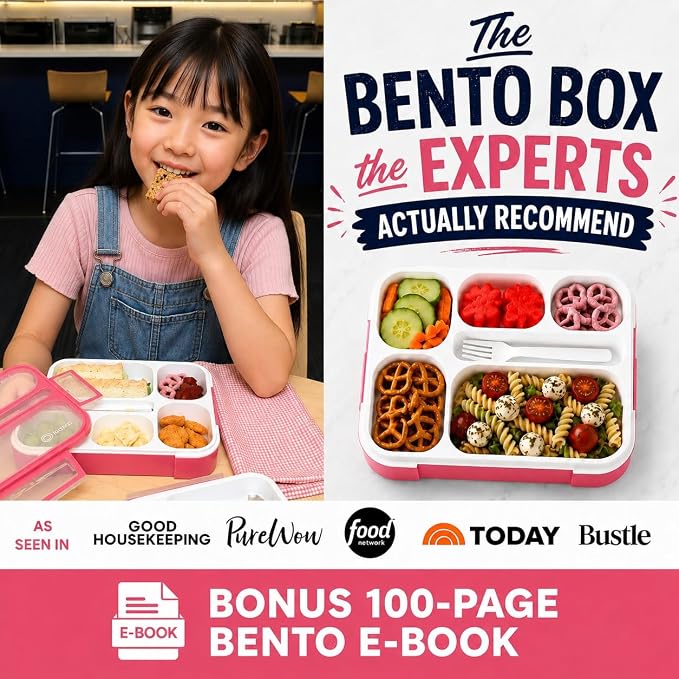 kinsho Bento Box Lunch Containers for Kids Girls Toddlers Women, 6 Compartment Portion Control Kit, Meal or Snack Boxes for School Daycare Work Travel, BPA Free, Utensils, Pink