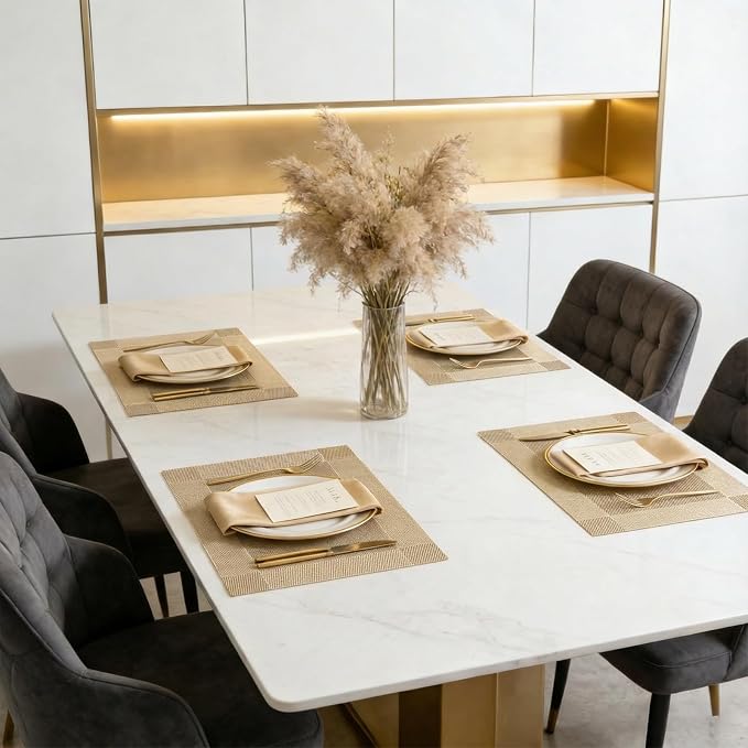 Placemats, Placemats Set of 6, Table Place Mats for Kitchen Dining, Heat-Resistant Anti-Skid Stain Washable PVC Table Mats, Easy to Cleaning Woven Vinyl Dinner Mats (Gold)
