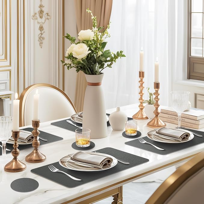 Faux Leather Placemats Set of 6 Waterproof Table Mats with Coaster | 17×12 In Heat Resistant Place Mats Set of 6 Wipebale & Washable Table Placemats for Kitchen Dining Indoor & Outdoor DeepGray