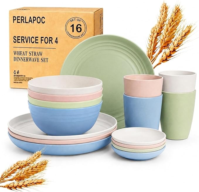 Wheat Straw Dinnerware Sets for 4, 16 Piece Unbreakable Kids Dinnerware Set, Toddler Plates and Bowls Sets, Kitchen Plates and Bowls Set, Lightweight Dish Set for Travel Camper Dishes - Colorful