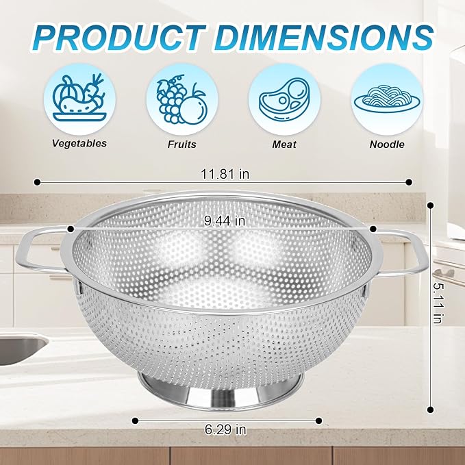 304 Stainless Steel Colander, Micro-Perforated 5-Quart Strainer with Base, Dishwasher Safe. Great for Pasta, Noodles, Vegetables & Fruits