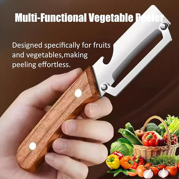 MultiFunctional Vegetable Peeler for Kitchen，Multifunctional Vegetable Peeler with Wooden Handle and Bottle Opener，2-in-1 Stainless Steel Kitchen Tool for Fruit Apple Potato Pumpkin Papaya (1)