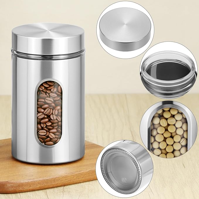 QWORK Stainless Steel & Glass Airtight Kitchen Canisters Set, 3 Pack 32 oz Coffee, Sugar, Tea, and Candy Storage Jars with Large Transparent Windows, 32 oz Laege Capacity