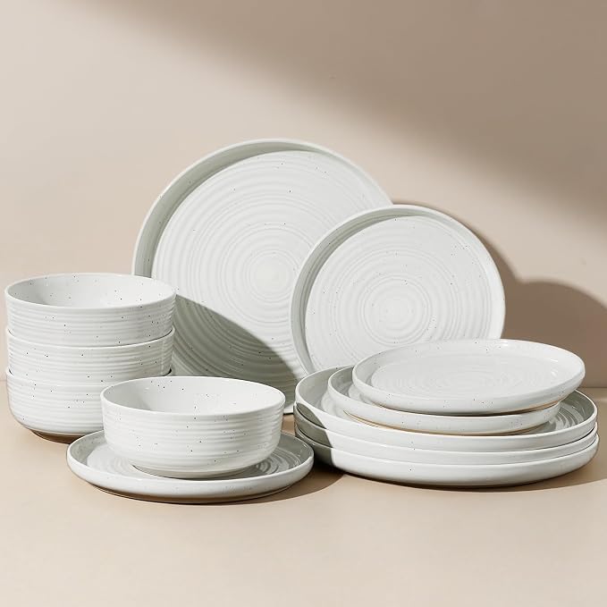Stoneware Dinnerware Sets for 4, Plates and Bowls, White | 12-Piece Ceramic Speckled Spiral Dishes, Chip & Scratch Resistant, Microwave & Dishwasher Safe, Everyday Use, Farmhouse Style