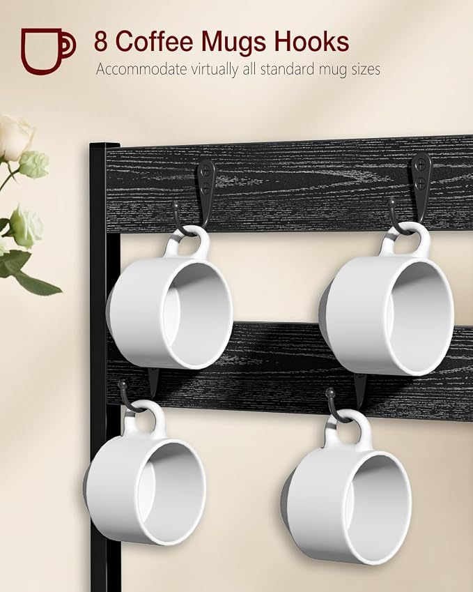 Evermagin K Cup Holder for 35 Pods,Coffee Pod Holder Compatible with Keurig | K cup organizer, Coffee Station Organizer for Countertop with 8 Mug Hooks,Easy Assembly, Black