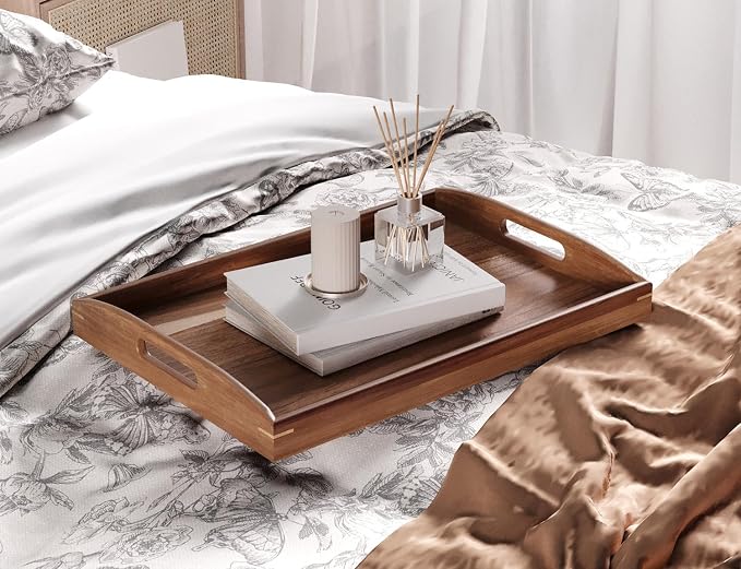Acacia Wood Set of 2 Serving Trays with Handles Decorative Tray | 2 Pack, Decorative Trays, for Coffee Table, Kitchen Counter, Breakfast, Party