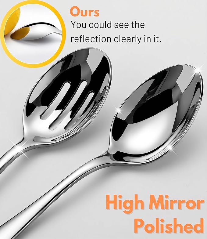 VIVANI 4-Piece Serving Spoons Set, 8.5-Inch Serving Spoon and Slotted Spoon | Large Cutlery for Party, Buffet and Catering, Solid Constructions, Mirror Polished, Dishwasher Safe