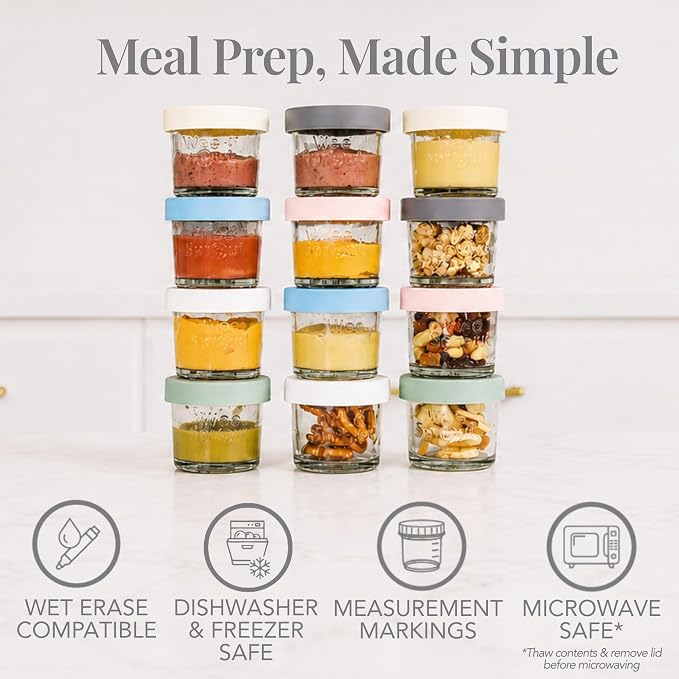 WeeSprout Glass Baby Food Storage Jars with Silicone Lids (4 oz, 12 Pack Set) Snack, Puree, Reusable Small Containers, Breast Milk, Fridge or Freezer, Essential Must Have for Infants