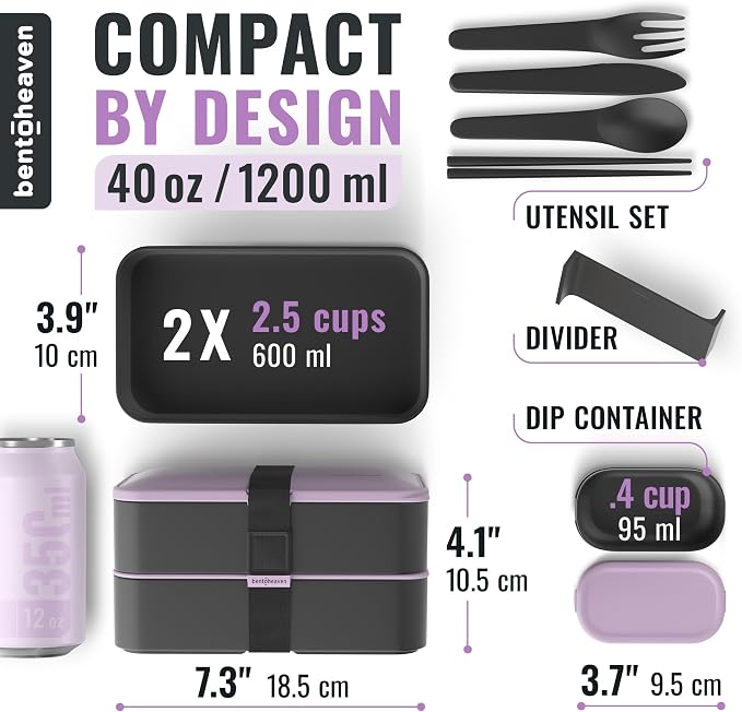 Bentoheaven Bento Box Adult, Stackable Lunch Box, 40 oz, Violet Me Go | BPA-free, leakproof and microwave-safe with 2 compartments, utensils, chopsticks, divider and sauce cup for men and women.