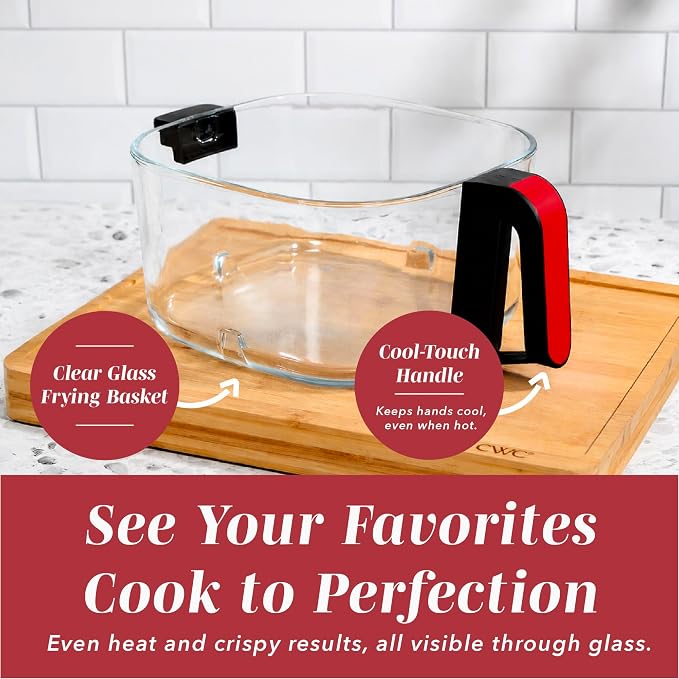 COOK WITH COLOR 1400W 5.5Qt Digital Kitchen Air Fryer with Glass Basket, 8 Presets Healthy Cooking Options, Bake, Fry, Reheat, 60-Min Timer, Adjustable Temperature Control 175°F–400°F, Red