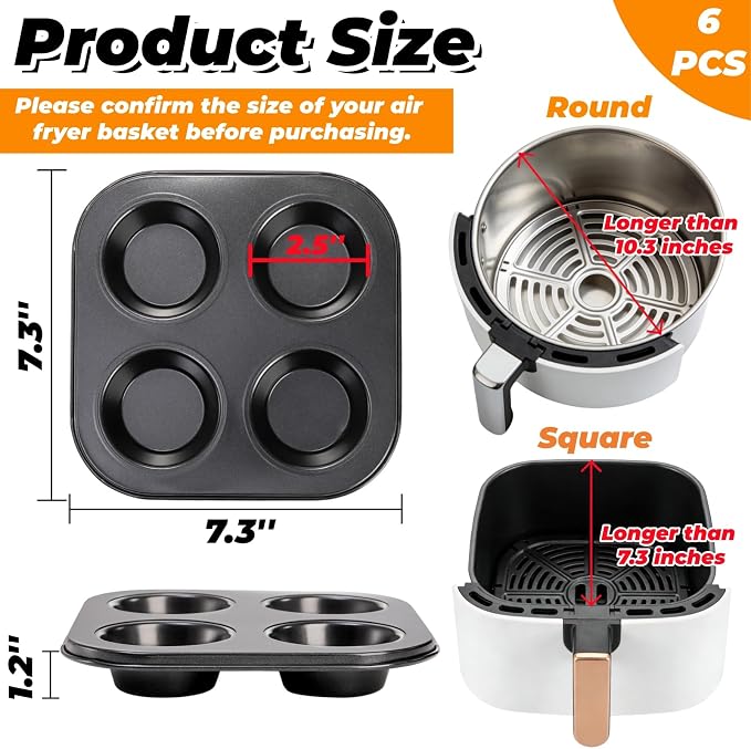6 Pack Air Fryer Muffin Pan, 4 Cup Non-Stick Baking Pan | Carbon Steel Small Oven Muffin Tin, Round Cupcake Bakeware Cake Mould for Egg Muffin, Quiches, Frittatas