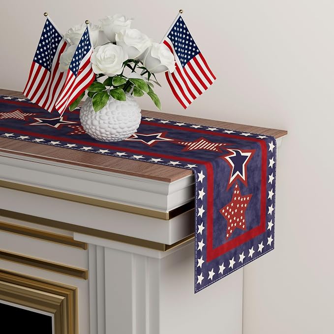 XCHI Blue Patriotic Red White Stars America 4th of July Memorial Day Independence Day Table Runner Decoration for Home Kitchen Holiday Party 13x48 Inch