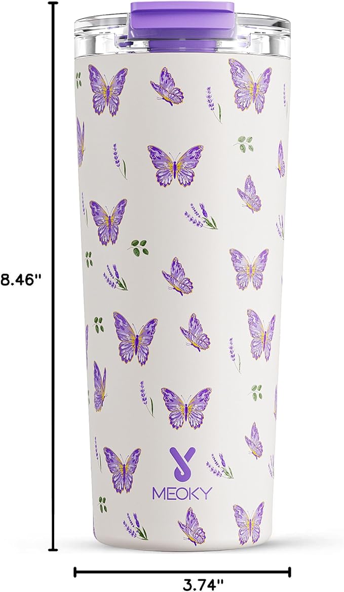 Meoky 24 oz Insulated Travel Coffee Mug: Leak Proof Lid, Butterfly | Stainless Steel Coffee Tumbler, Keeps Hot for 8 Hours or Cold for 24 Hours, Fits in Car Cup Holder, BPA Free