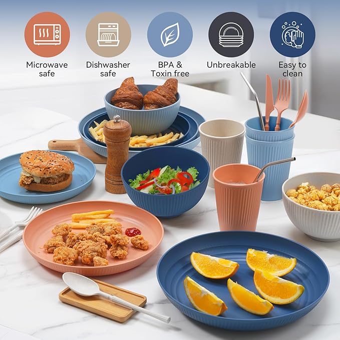 Wheat Straw Dinnerware Sets,64-Piece Plates and Bowls Sets for 8-Unbreakable,Reusable Plastic Dish Set-Dinner Plate/Dessert Plate/Cereal Bowl/Cup/Utensils-Dishwasher Safe 64P-Coral Coast