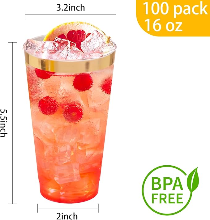 I00000 16 oz Gold Plastic Cups, 100 Pack Clear Plastic Cups Tumblers Gold Rimmed Cup, Heavy-duty Disposable Cup Perfect for Wedding & Party