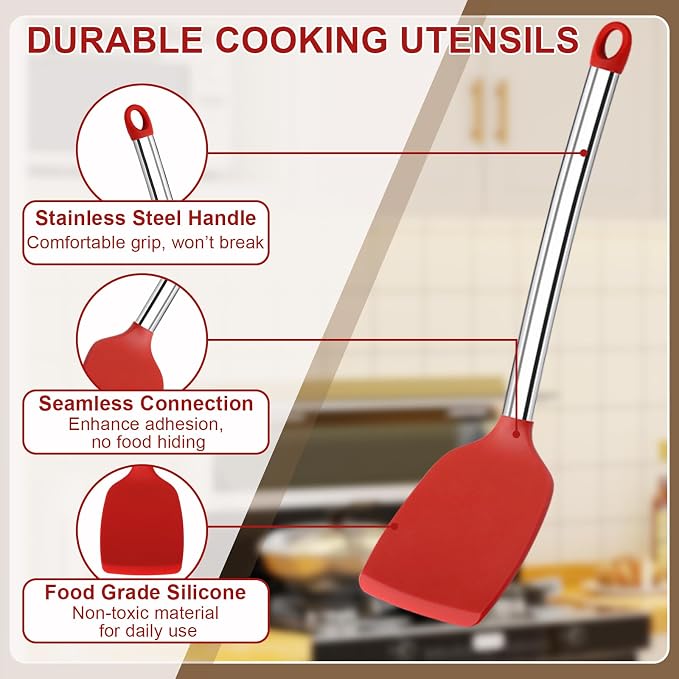 Vayvnt 4 Pieces Kitchen Spatula Set, Heat Resistant Silicone Utensils, Red | Large Size Kitchen Tools, For Nonstick Cookware, Spoons and Turners, Stainless Steel Handle, Easy Cleaning, Dishwasher Safe