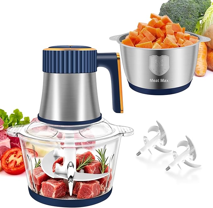 Food Processor, 5 Speed Meat Grinder with 2 Bowls(8 Cup+8 Cup), Blue | 4 Bi-Level Blades Electric Food Chopper, Mini Kitchen Cutter for Vegetable Onion Garlic Meat