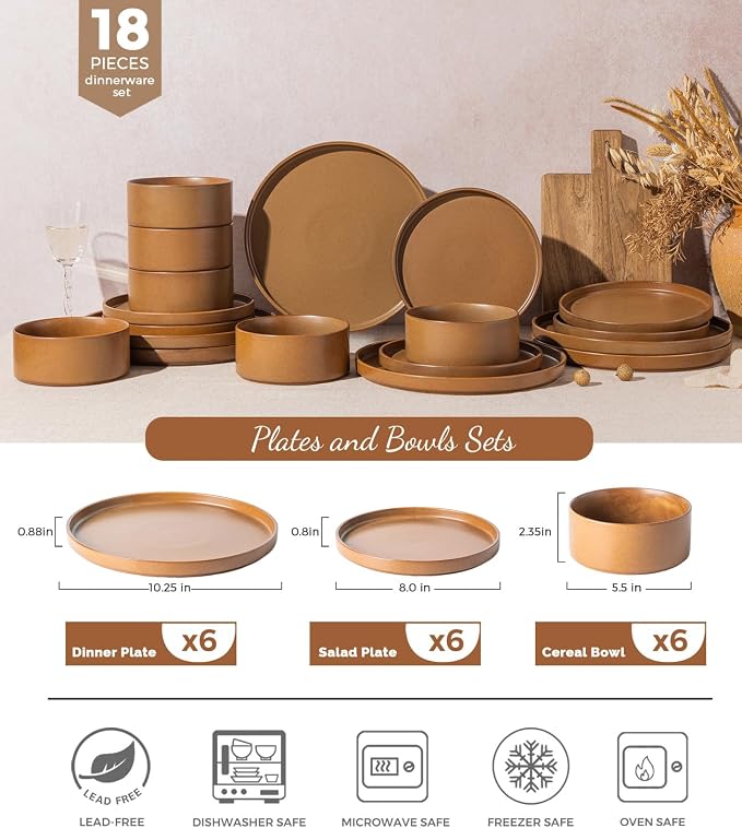 LERATIO Stoneware Dinnerware Sets for 4,12-Piece Matte Plates and Bowls Set | Handmade High Edge Rim Dish Set,Oven & Microwave,Dishwasher Safe,Scratch Resistant--Caramel