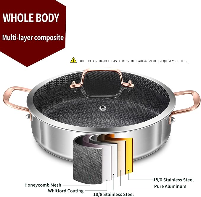 LOLYKITCH 6QT Deep Skillet with Lid | 12'' | 4-6 Servings | Golden Handle | Hybrid Nonstick | Tri-Ply Stainless Steel | Large Frying Pan | Saute Pan | Jumbo Cooker | Oven & Induction Ready