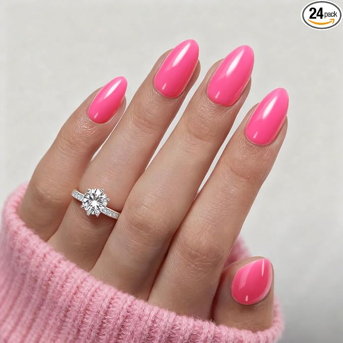 Pink Press On Nails Almond -Short Press On Nails with Nail Glue | Short Almond Fake Nails,Hand-Applied UV Finish, Salon Quality Nails in 12 Sizes - 24 Nail Kit with Glue