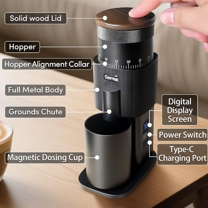 Portable Electric Burr Coffee Grinder,Wirsh Geimori T38 with 3600mAh Battery& Stepless Adjustment for Espresso,Pour Over,French Press, Single Dose, Fast USB-C Charging,Travel & Home Use,Black