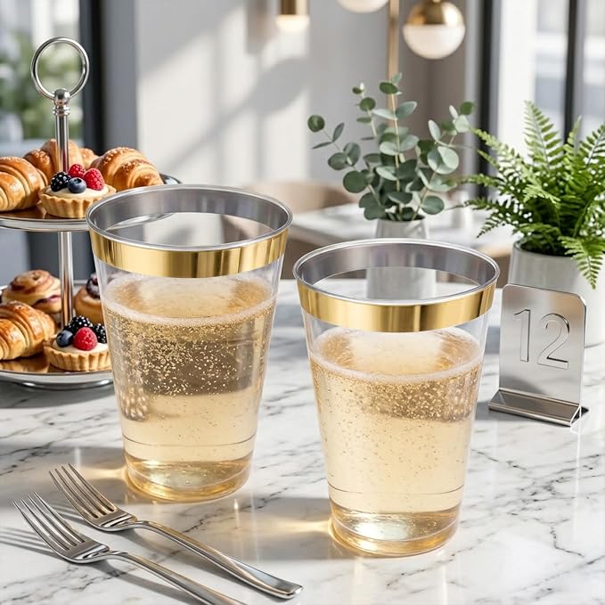 Byvivace 12OZ Plastic Cups with Gold Rimmed Sturdy & Food Safe Disposable Wine Glasses Weeding Party Cups Disposable Drinking Cups Plastic Cocktail Glasses for Wine, Juice & Cold Beverages [200 Pack]